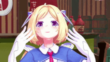 a girl with blonde hair and purple eyes holds her hands to her face