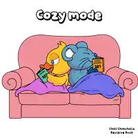a cartoon of a duck and a mouse sitting on a couch reading a book called cozy mode