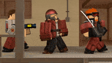 a man in a red jacket is holding a gun and a sword