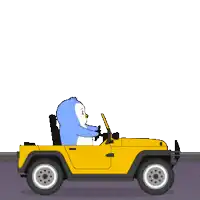 a cartoon penguin is driving a yellow jeep next to a green welcome mississippi sign