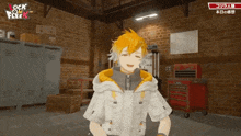 a video game character is standing in a room with a brick wall