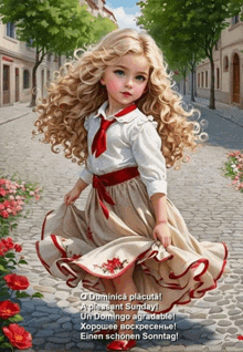 a painting of a little girl in a white dress with red flowers