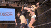 two women are wrestling in a ring with a sign in the background that says wonder ring ardom .