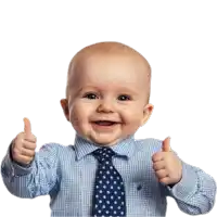 a baby wearing a blue shirt and tie is smiling and giving a thumbs up