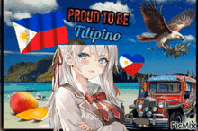 a proud to be filipino postcard with a girl and a jeep