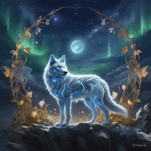 a painting of a wolf with a moon in the background