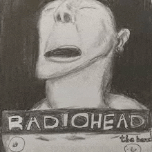 a black and white drawing of a man 's head with a sign that says radiohead .