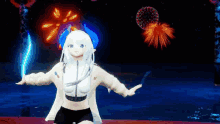a video game character is dancing in front of a fireworks display