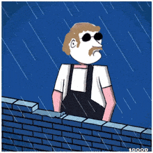 a cartoon of a man standing on top of a brick wall