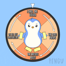 a penguin is on a spinning wheel with the words i still the ticker written on it