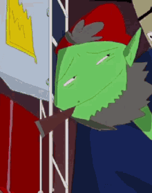 a green cartoon character with a red hat and beard