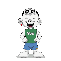 a cartoon character wearing a yes shirt and shorts