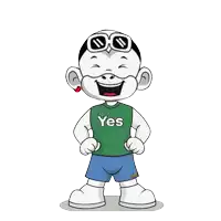 a cartoon character wearing a yes shirt and shorts