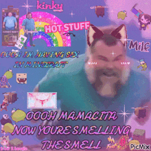 a picture of a man with a cat 's ears and the words kinky hot stuff