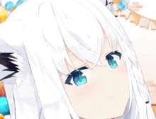 a girl with white hair and blue eyes is looking at the camera