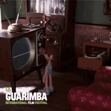 a poster for the guarimba international film festival with a cartoon character in a living room