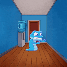 a cartoon drawing of a snake in a room with a water cooler