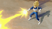 a cartoon character in a blue and white uniform is shooting a lightning bolt
