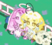 a drawing of a roller coaster with a pink and yellow character on it .
