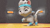 a cartoon cat is wearing a blue headband and blue socks