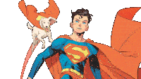 a man in a superman costume is flying with a white dog