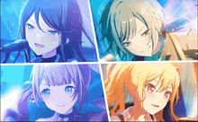 four anime girls are shown in a collage