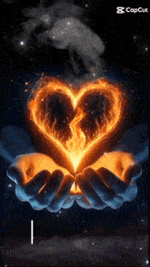 a person is holding a fire heart in their hands