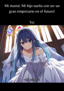 a picture of a girl in a wedding dress with blue hair