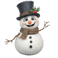 a snowman wearing a top hat and scarf smiles for the camera