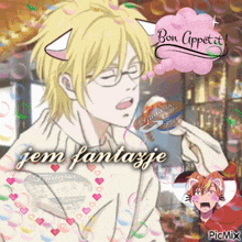 a picture of a boy with cat ears and the words bon appetit jem fantazjje