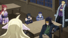 a group of anime characters sitting around a table with one of them wearing a kimono