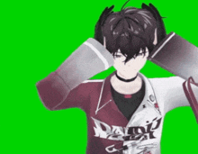 a 3d anime boy is standing in front of a green screen .