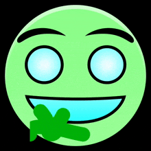 a green smiley face with a blue smile and a green hand