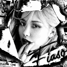 a black and white photo of a woman with the word fiasco on the bottom right