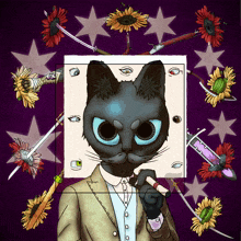 a drawing of a cat surrounded by flowers and a syringe