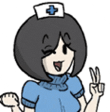 a cartoon nurse is giving a peace sign while wearing a white hat .