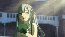a girl with long blue hair is holding a book with chinese writing