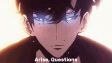 a close up of a person 's face with the words " arise questions " written below it