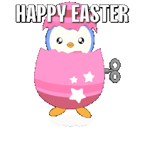 a pink easter egg with a penguin in it and the words happy easter