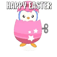 a pink easter egg with a penguin in it and the words happy easter