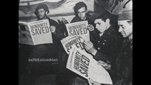 a group of soldiers are reading a newspaper titled humanity saved