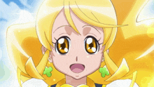 a close up of a yellow anime character with a heart shaped earring