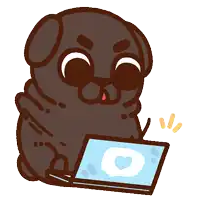 a cartoon pug dog is using a laptop with a heart on the screen