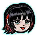 a cartoon of a girl with black and red hair and blue eyes .