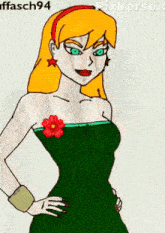 a drawing of a woman in a green dress with a red flower