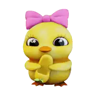 a yellow cartoon chicken with a pink bow on its head