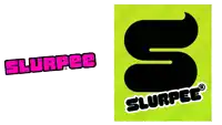 a pink and green logo for slurpee next to a black and green logo