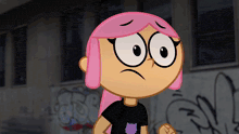 a cartoon girl with pink hair is wearing a black shirt