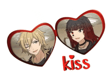 a boy and a girl are in heart shaped mirrors with the word kiss below them