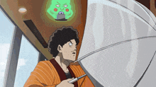 a cartoon of a man holding an umbrella in front of a glowing face